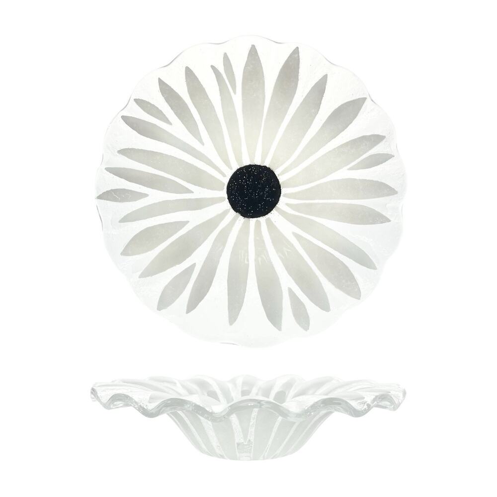 Sydenstricker Glass Black & White Daisy Flower Fused Art Glass Shallow Bowl 7”